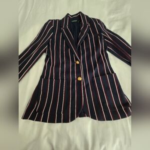 Navy blue Ralph Lauren blazer with maroon and white stripes a s gold buttons
